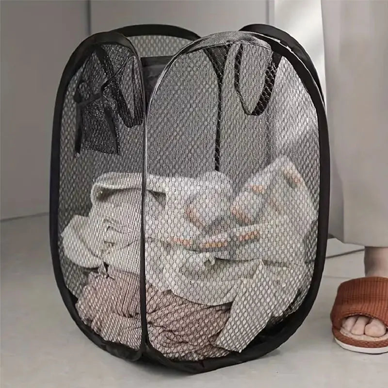 Mesh Pop-up Laundry Basket, Laundry Basket, Foldable Dirty Clothes Storage Basket, Large Capacity Storage Basket - Black