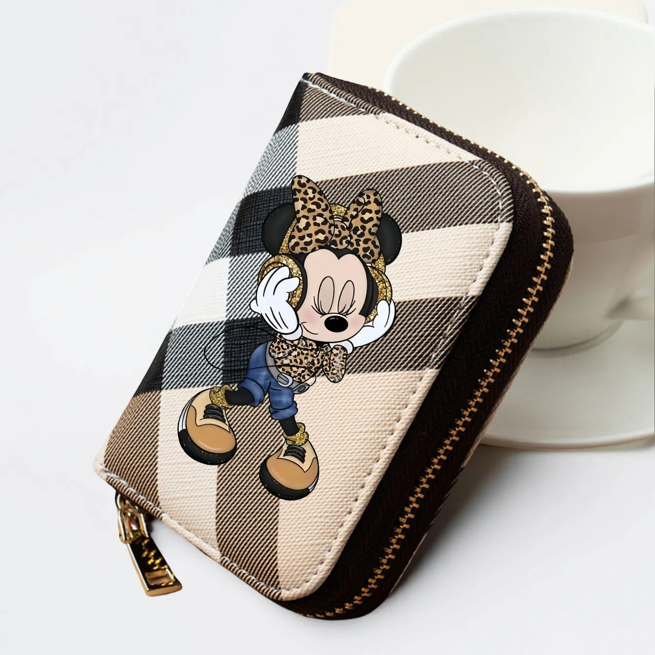 Minnie Plaid Pattern Wallet – Short PU Leather Zipper Coin Purse with Leopard Outfit Print & Card Slots for Women, 3 Colors -