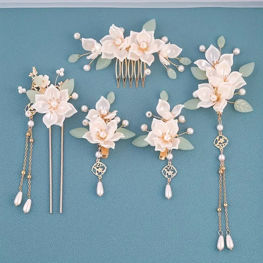 5-piece set featuring vintage floral and tassel designs, handmade Hanfu hair accessories, elegant classical style artificial
