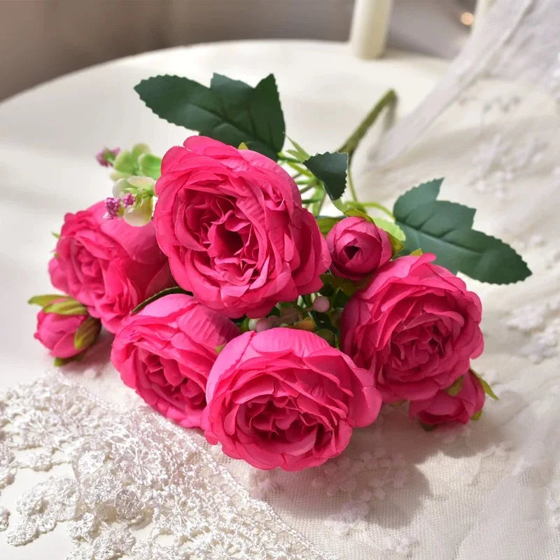30cm Rose Pink Silk Bouquet Peony Artificial Flower 5 Big Head 4 Small Bud Bride Wedding Home Decoration Artificial Flower -