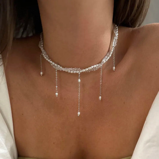 Fashion Tassel Chain Pendant Necklace For Women Boho Transparent Crystal & Imitation Pearl Chain Jewelry Valentine's Gift N05