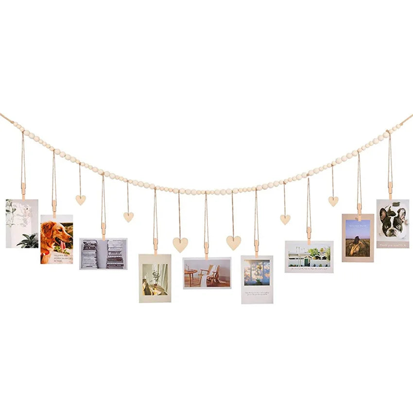 Hanging Photo Display Wooden Bead Garland Boho Wall Hanging for Bedroom Living Room Dorm Party Decor Teen Girl Gifts - heart