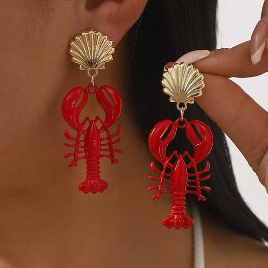 Boho Handmade Lobster Earrings Stone Beaded Enamel Necklace Lobster Metal Shells Earring for Women Summer Beach Popular Jewel