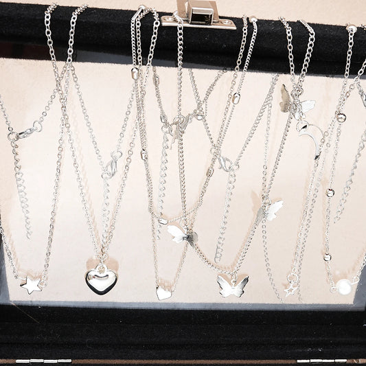 51 Pcs/Set Silver Color Chic Jewelry Set For Women Fashion Butterfly Heart Pearl Necklaces, Earrings, Rings, Match Daily Outf