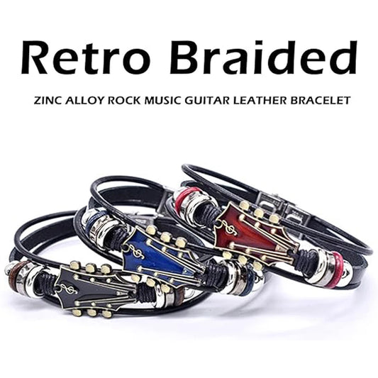 Retro Faux Leather Guitar Bracelet, Punk Rock Music Guitar Genuine Leather Bracelet, Handmade Braided Multi-Layer Wrap Bracel