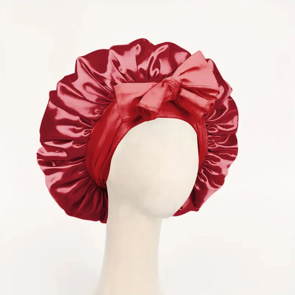Satin Bonnet Silk Bonnet Adjustable Bonne For Sleeping Hair Bonnet With Tie Band Bonnets For Women Men - RED