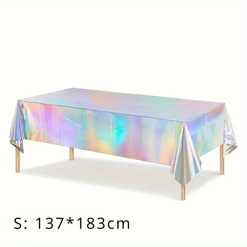 Disposable Shimmering Laser Rainbow Tablecloth Aluminum Film Tablecloth Decor for Birthday Wedding Parties Festive Supplies -