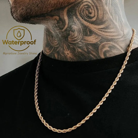 Punk Vintage Rope Chain Necklace for Men Women,Gold Color Stainless Steel Braided Twisted Chain,Hip Hop Casual Jewelry