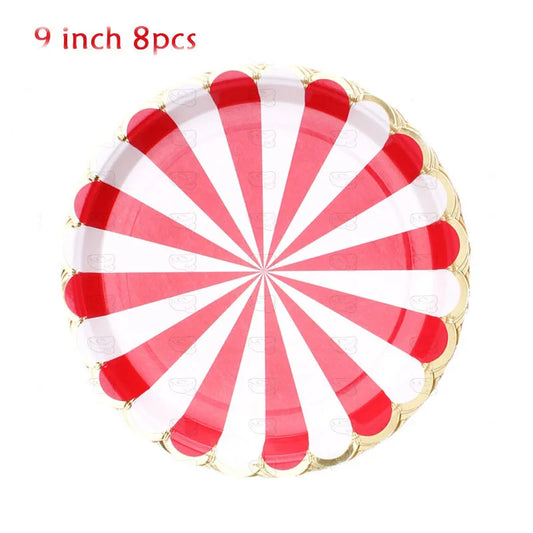 Disposable Tableware Sets - Red White Striped Plates, Cups, Cutlery for Circus Party