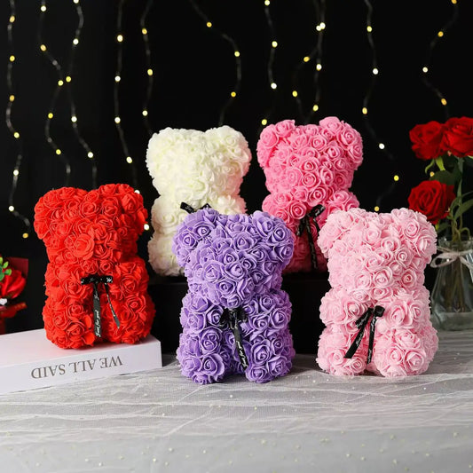 25cm Artificial Teddy Rose Flower Bear with Box Romantic Valentines Day Gift Girlfriend Women Anniversary Wedding Party Suppl