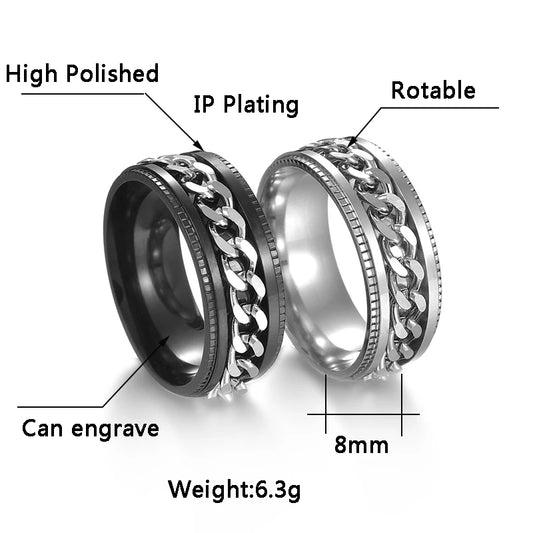 Cool Stainless Steel Rotatable Men Ring Spinner Chain Punk Women Jewelry for Party Gift