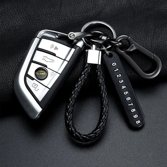 Trendy DIY Mobile Phone Number Plate Pendant Keychain for Men Punk Simple Woven Leather Rope Anti-lost Car Key Chain Accessor