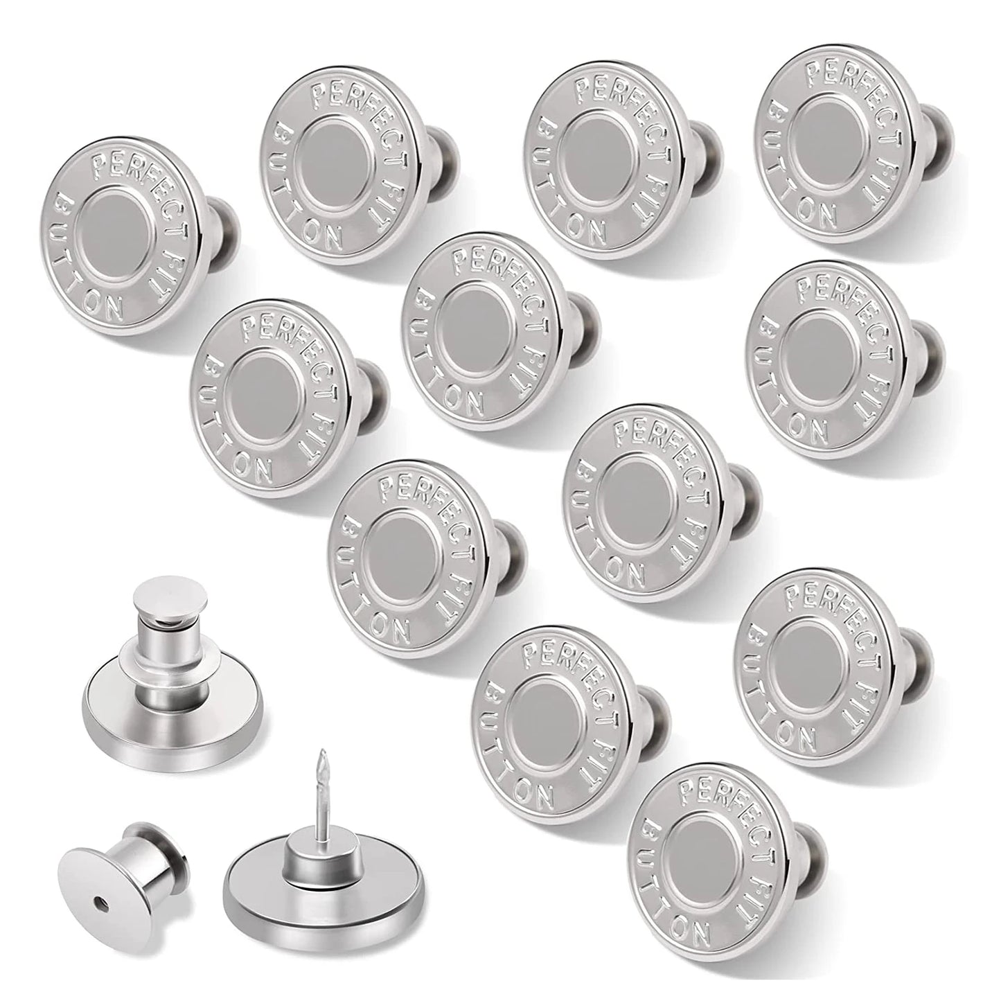 12 Sets Jean Buttons Pins No Sew for Loose Jeans Pants Tightener Adjustable Buttons Replacement for Too Big Snap Tack - 12 Pc