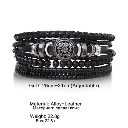 4Pcs/ Set Braided Wrap Leather Bracelets for Men Vintage Life Tree Rudder Charm Wood Beads Ethnic Tribal Wristband Rope Brace