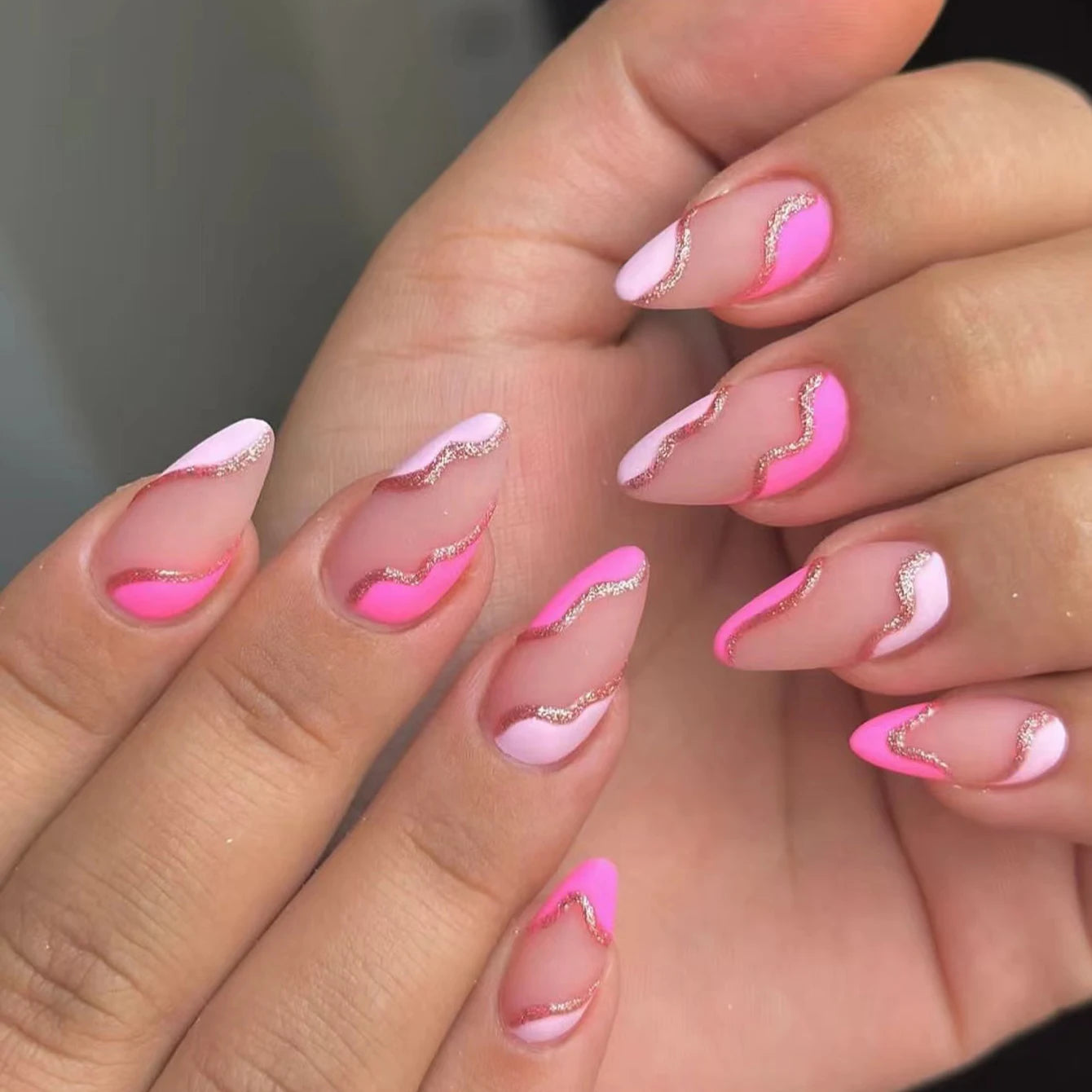 24PCS/ Almond Fake Nails Instantly Upgrade Your Look, Pink and White Set Off by Gold Lines, Simple and Generous, Suitable for