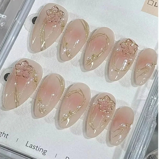 10pcs Handmade Almond Shaped Nail Art Pieces, Inlaid With Golden Flower Strips Detachable and Reusable