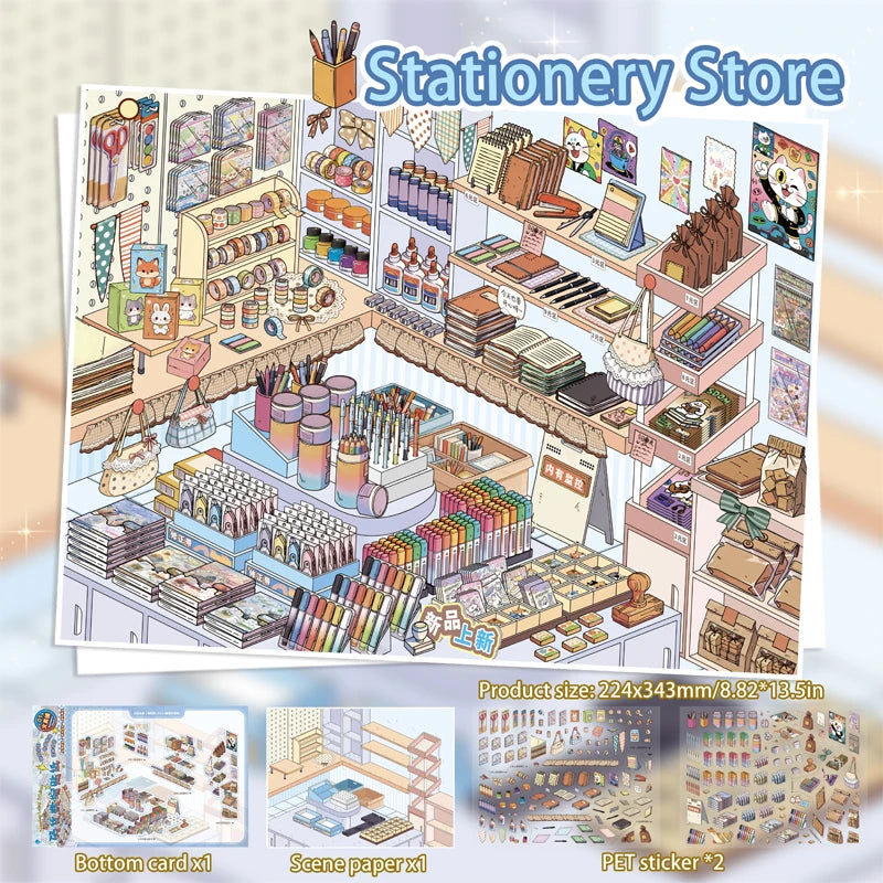 Immersive Scene-Creating Stickers, Multi-Scene Miniature Store Material Stickers, Panoramic Positioning, No-Cut DIY Journal D