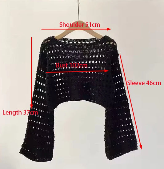 Long Sleeve Crochet Knit Top Summer Beach Bikini Cover Up Crop Pullover Wool Knitwear Blouse Women Vacation Boho Outfit
