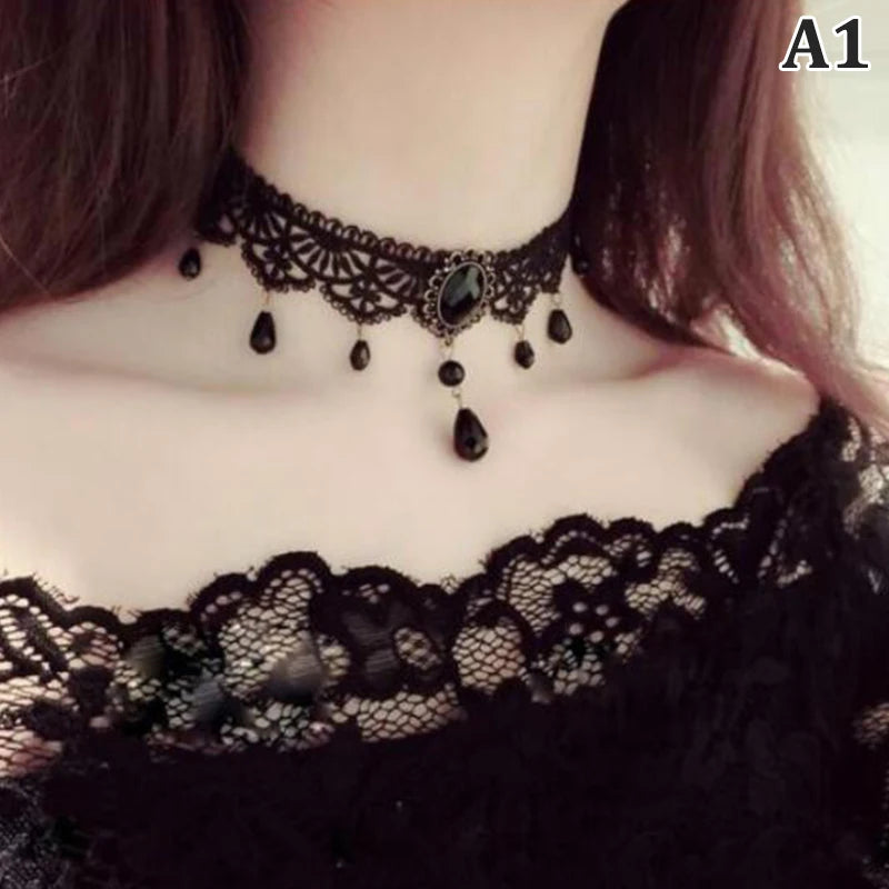 New Sexy Gothic Chokers Crystal Black Lace Neck Choker Necklace Vintage Victorian Women Chocker Steampunk Jewelry - A1