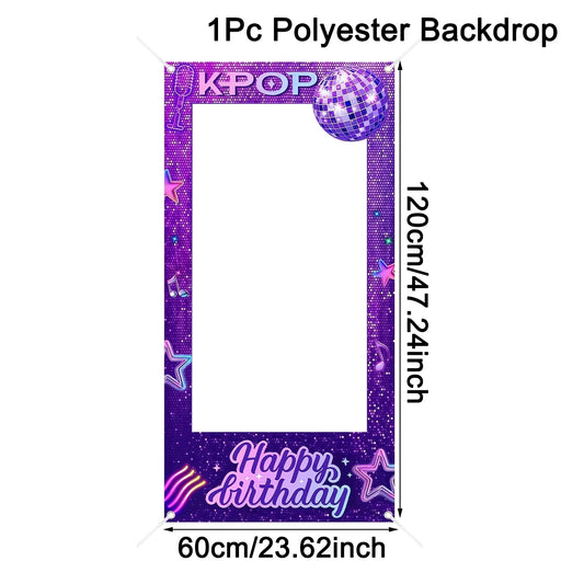 1pc Purple K-POP Photo Frame Backdrop Happy Birthday Pattern Polyester Photo Booth Props for K-POP Theme Birthday Party Suppl