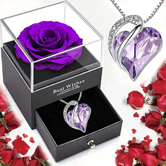 New Valentine's Day Gift Ocean Heart Love Necklace with Eternal Rose Jewelry Box For Girl Mother's Day Gifts