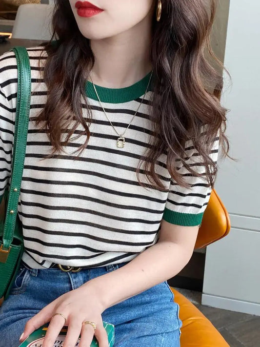 2026 Stripe Tops Women Knitted Round Collar Summer Print Short Sleeve Casual Simple Wild T-Shirt