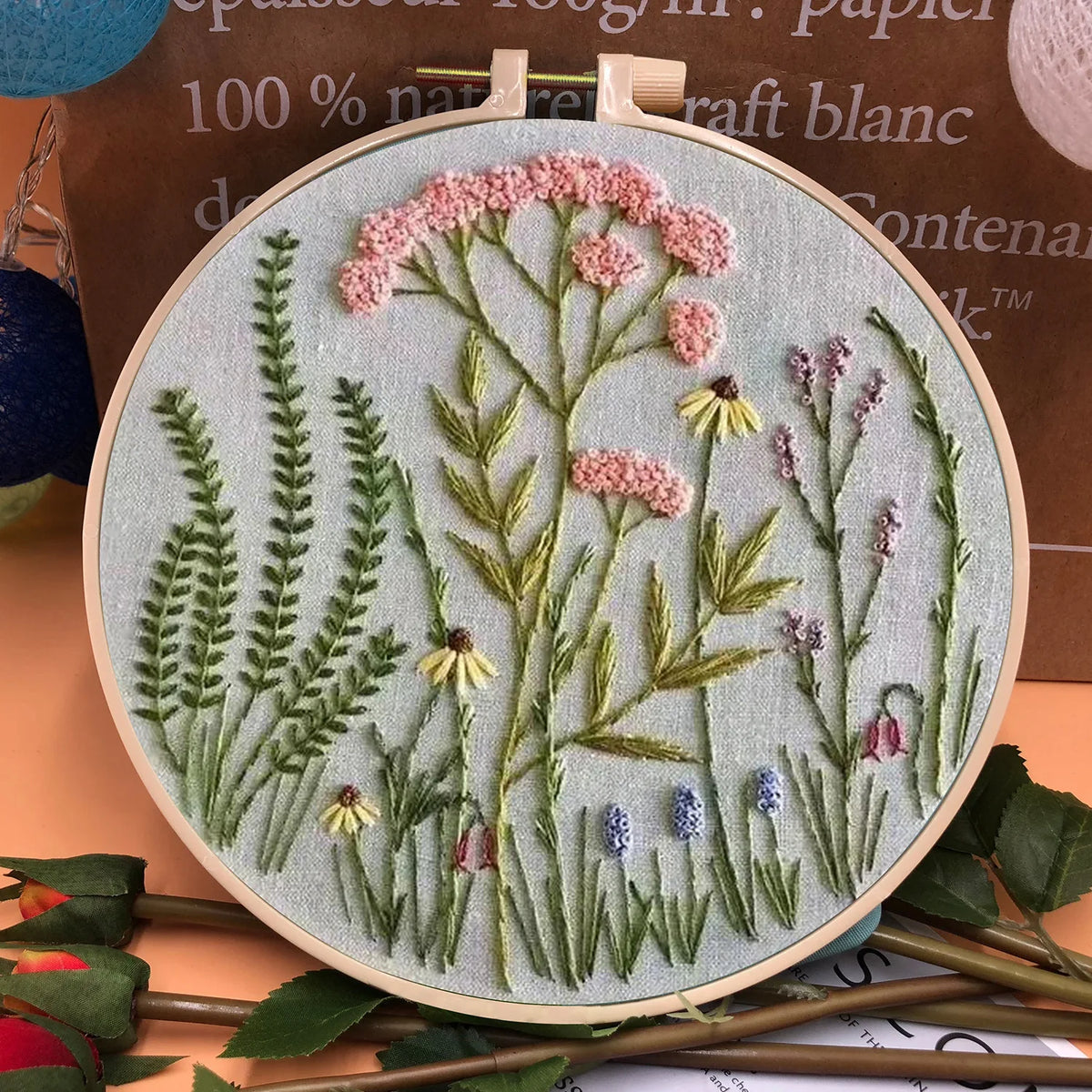 3D Embroidery Starter Kits with Flowers Pattern for Adults Beginners, Floral Stamped Cross Stitch Kit, Hand DIY Needlepoint K