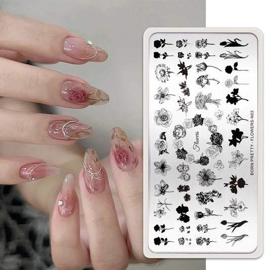 BORN PRETTY Classic Plaid French Nail Stamping Plates Easy Design Flower Leaves Nail Printing Stencil Floral Line Stamp Templ