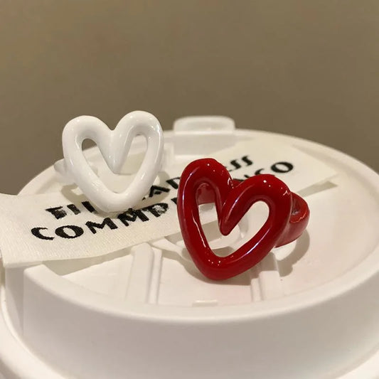 LATS White Red Enamel Heart Sweet Ring for Women Girls Trendy Geometric Dripping Oil Y2K Opening Rings Jewelry Gift
