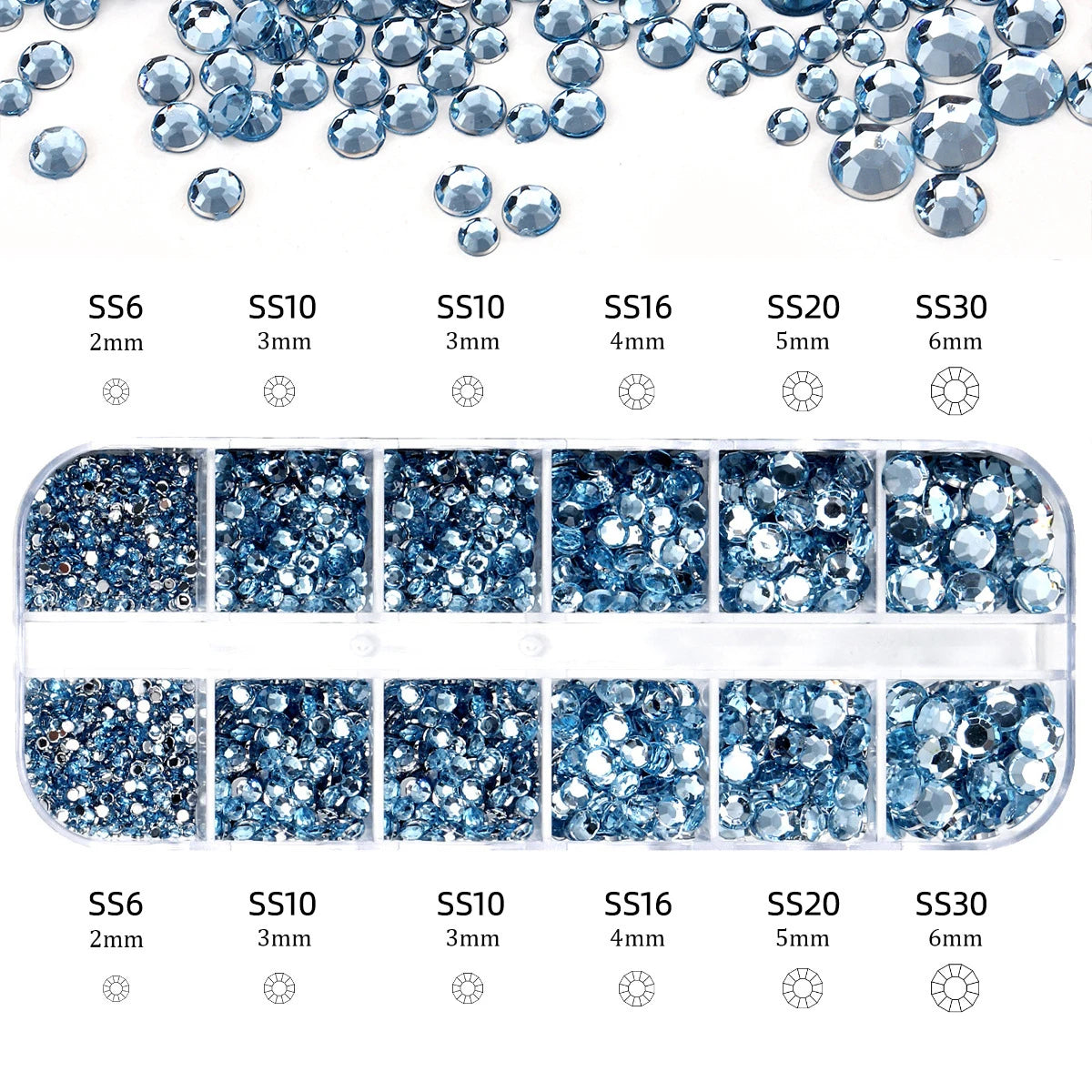 2400pcs+ Shiny Clear Crystal Gems Nail Rhinestones 1.5-4mm Mixed Round Glass Stone Flatback Nail Charms 12grids Nail Diamond