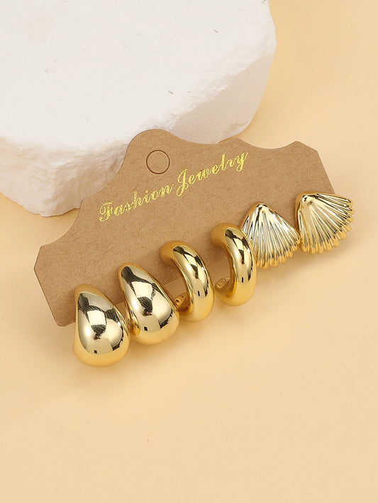 3PAIRS-6PAIRS/Set Fashionable &Golden Starfish, Seashell, Smooth Water Drop,Textured C-Shape Earrings Set,Travel & Vacation W