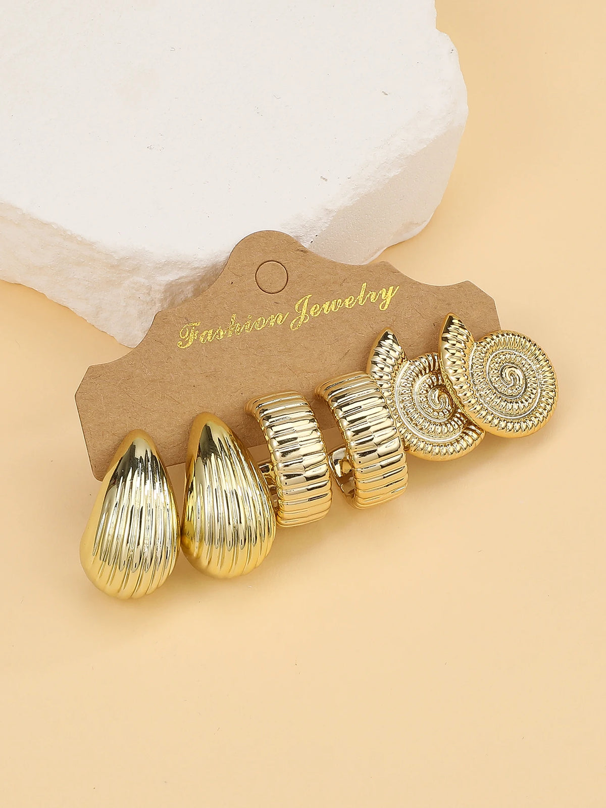 3PAIRS-6PAIRS/Set Fashionable &Golden Starfish, Seashell, Smooth Water Drop,Textured C-Shape Earrings Set,Travel & Vacation W
