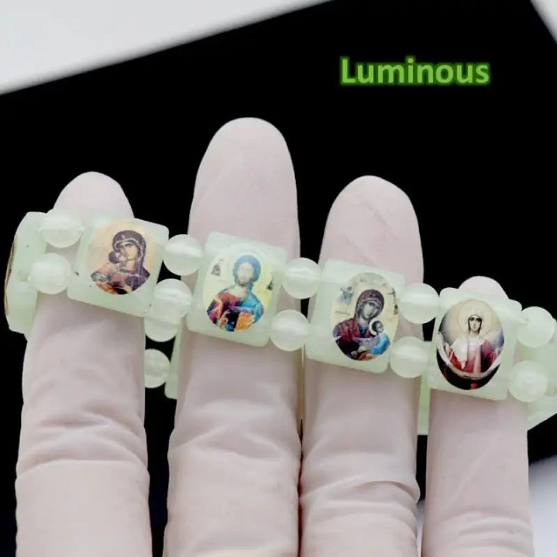 Vintage Jesus And Virgin Mary PVC Rosary Bead Bracelet With Elastic Band Religious Image Stickers For Daily Wear Parties - A8