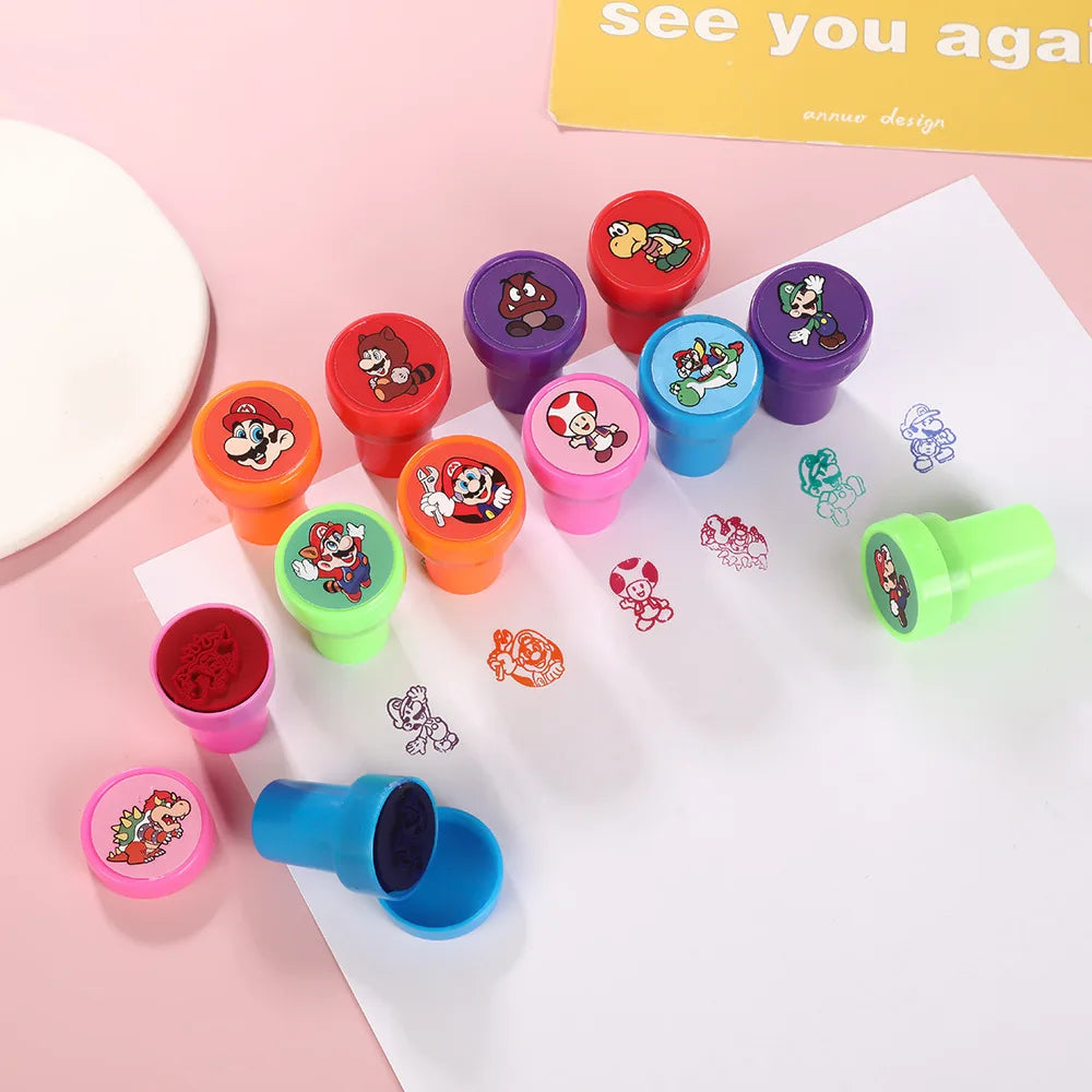 12PCS Super Marios Stamps for Kids Anime Action Figures Signet Teacher Stamp Reward Kids Accessory Children Classic Toys Gift