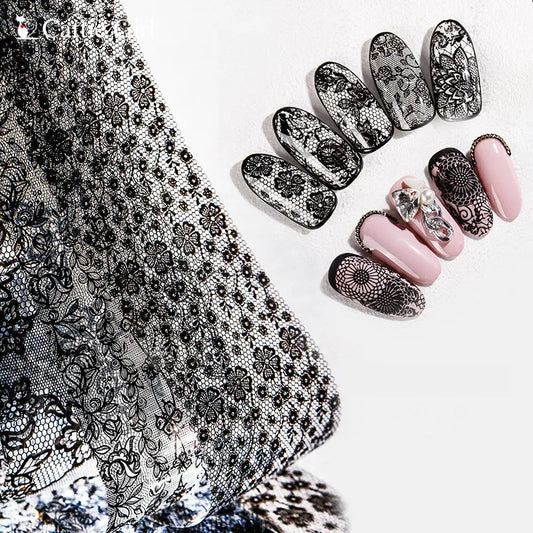 Black White Lace Rose Nails Foil Stickers Black Flowers Design Manicure Nail Art Transfer Paper Nails Art Decals