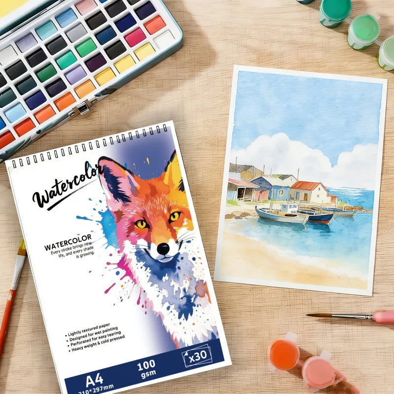 A4 /A5Spiral-Bound Watercolor Pad, 30 Pages, 100gsm Rough Paper, Wolf-Patterned Cover, Acid-Free for Artists & Hobbyists