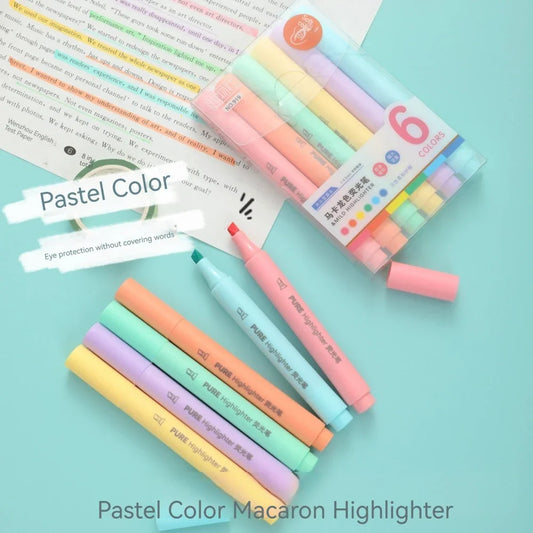 6Pcs/set Pastel Color Macaron Highlighter Pen Marker Pens Fluorescent Pen Drawing Highlighters Cute Stationery School Supplie