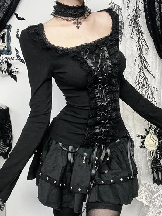 Goth Black Lace Trim Long Sleeve T-Shirts Vintage Sexy Lace-up Square Collar Tops with Choker Cross Women Autumn Tees