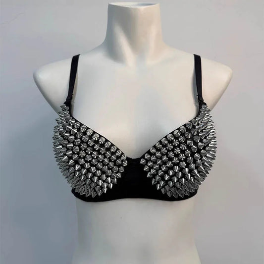 Sexy Rivets Punk Lingerie Underwear,Fashion Metallic Flash Rivet Bra with Wire Free for Women,Nightclub Party Bar Hot Bras