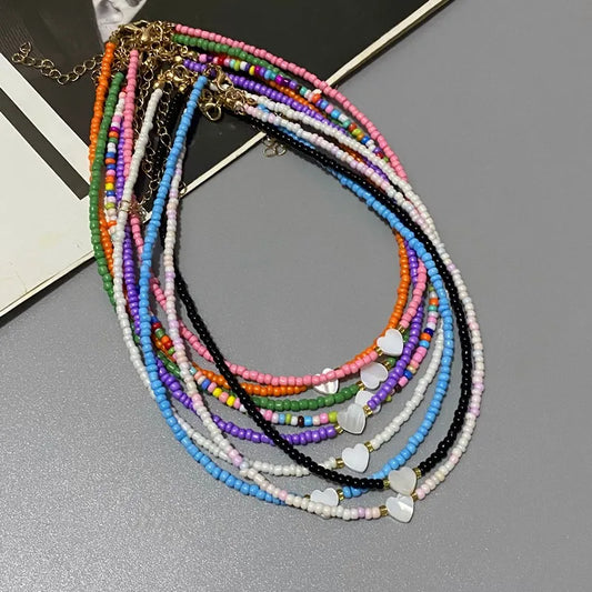 New Nature Shell Love Heart Choker Necklace for Girl Spring Summer Fashion Small Colorful Glass Beads Necklace Gift for Frien