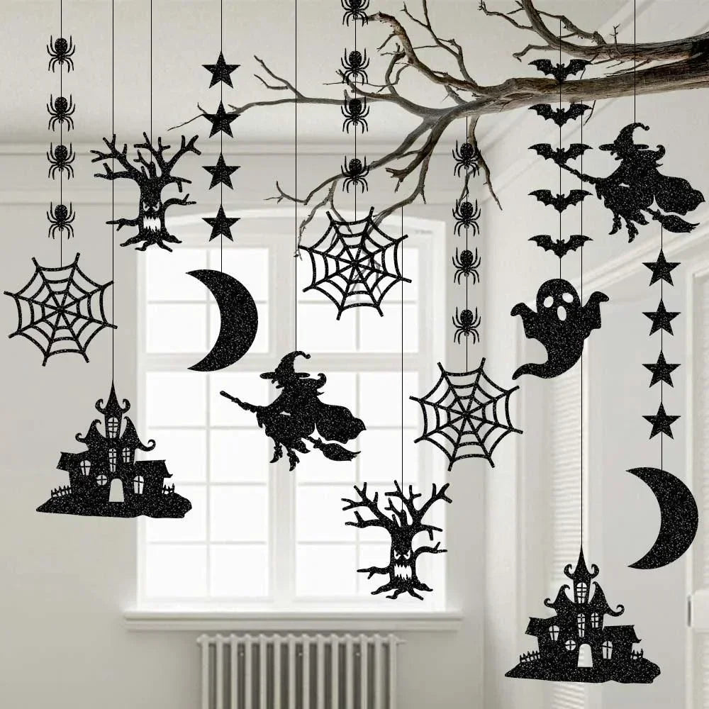 6pcs Halloween Hanging Banner Garland Scary Spider Witch Ghost Bat Pendant Ornament Happy Halloween Party Decorations for Hom
