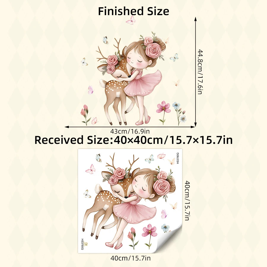 Cartoon Girl With Deer Wall Decal Woodland Animal Bedroom Decor Waterproof Peel-Stick Home Art For Playroom Wall Art Decals -