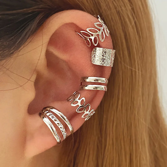 5pcs/set Retro Multi-element Leaf Geometric Ear Cuff Non-Piercing Ear Bone Clip Men and Women Summer Jewelry Boho