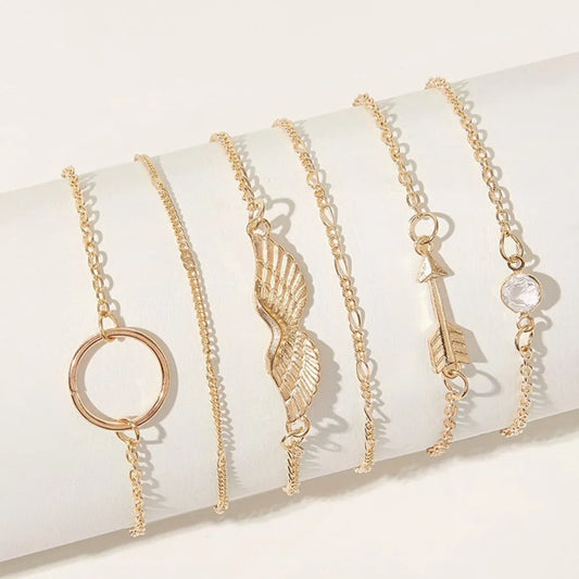 6Pcs/set Vintage Stone Moon Bracelet Set for Women Bohemian Geometric Gold Silver Color Tassel Metal Bracelets Jewelry Gift
