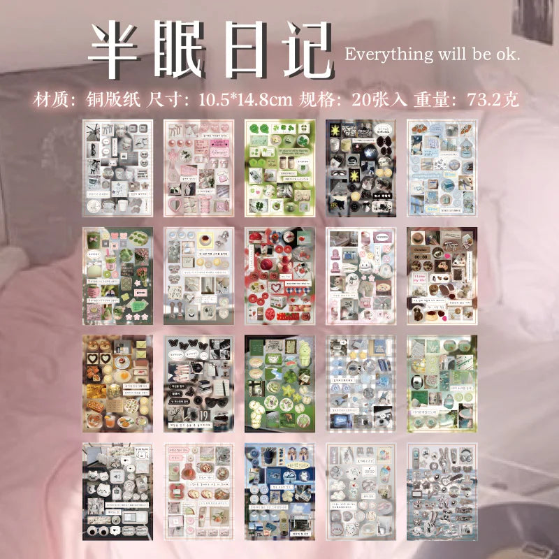 20pcs Die-Cut Sticker Book - Japanese Food & Dessert Vintage Showa Style,Glitter Matte Glossy Finish,School Stationery suppli