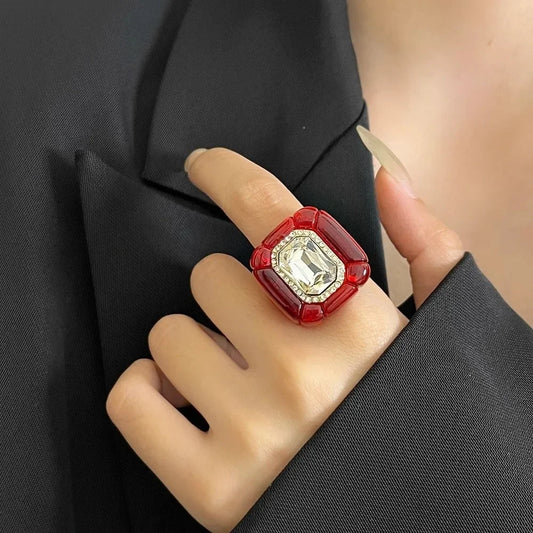 New Colorful Rhinestones Ring Geometric Three-dimensional Finger Ring Elegant Jewelry Square Ring Women