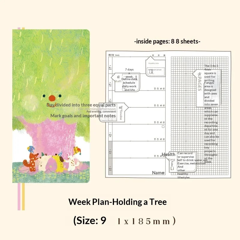 Kinbor Cute Agenda Undate Weekly Daily Planner Slim Illustrated Self-fill Notebook Weekly To Do List Hardcover Two Page Per W