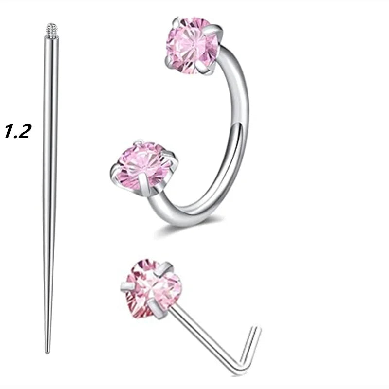 6/2pcs Horseshoe Nose Rings With L-Shape Nose Stud, Stainless Steel Rianbow CZ Nose Ring,, Lip Eyebrow Helix Ear Piercing - 3