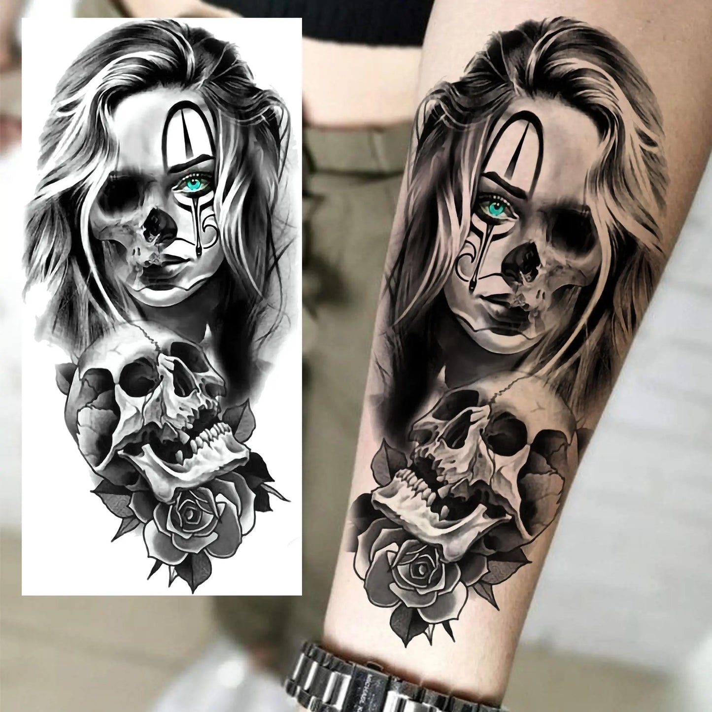 1 Sheet Evil Women Face Joker Mask Temporary Tattoos For Men Women Adults Waterproof Realistic Fake Tattoos Long Lasting Stic