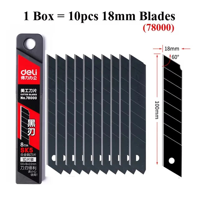 Deli Heavy Duty Utility Knife Black SK5 Carbon Steel Blades 9mm/18mm Auto-Retractable Box Cutter Sharp for Cardboard Cartons